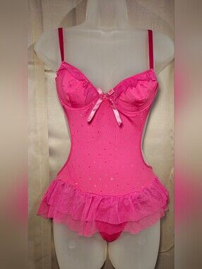 Vintage Jolie Intimates Hot Pink & Rhinestones Lingerie Teddy Bodysuit w Ruffles